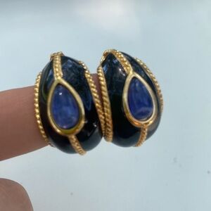 Vintage Monet clip on earring black enamel blue stone gold tone maximalist retro